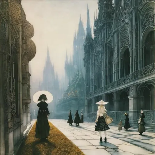 Prompt: Arthur Rackham, Leonora Carrington, Surreal, mysterious, strange, fantastical, fantasy, Sci-fi, Japanese anime, architecture in paintings, blueprints, meta world, beautiful high school girl in miniskirt, detailed masterpiece, 