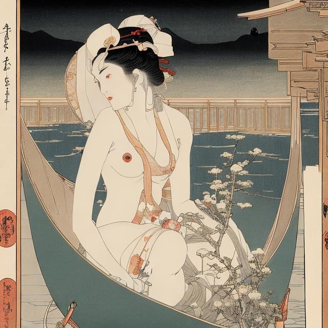 Prompt: Ukiyo-e style, Sulamith Wulfing, Charles Robinson,  Japanese anime Sci-Fi Fantasy beautiful girl Mars sinking into the bathtub of a public bath　bathhouse hyperdetailed high resolution high definition high quality masterpiece