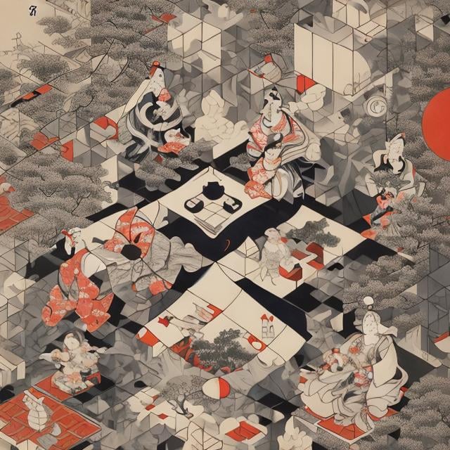 Prompt: Ukiyo-e style　Margaret Tarrant, m c Escher Anime　surreal　fanciful　wondrous　strange　Whimsical　Sci-Fi Fantasy　Chessboard under the moon Chess pieces of geometric solids　Girl Alice