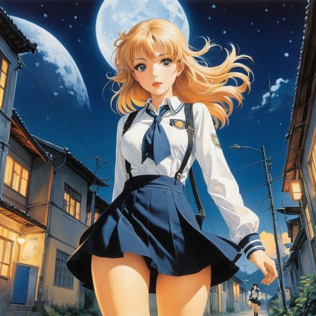 Prompt: Sibylle von Olfers, Tiger Tateishi, Ali Mitgutsch, Hatsusaburo Yoshida, Willi Glasauer, Surrealism, wonder, strange, bizarre, fantasy, Sci-fi, Japanese anime, collecting the falling moonlight to run the engine, night science and a beautiful high school girl in a miniskirt, perfect voluminous body, detailed masterpiece 