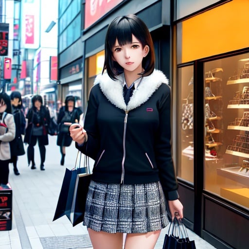 Prompt: François Bourgeon, Wolf Erlbruch , Surreal, mysterious, strange, fantastical, fantasy, Sci-fi, Japanese anime, Kara no Kyoukai, a beautiful high school girl in a miniskirt enjoying shopping in Ginza, detailed masterpiece 