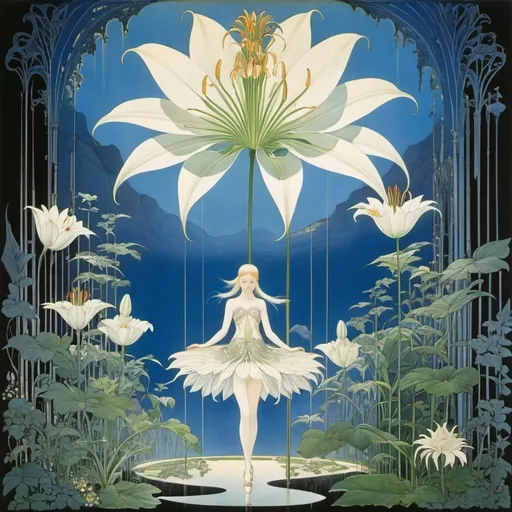 Prompt: Kay Nielsen, Junaida, Józef Wilkoń, Franciszka Themerson, Georg Dionysius Ehret, Surrealism, mysterious, bizarre, fantastical, fantasy, Sci-fi, Japanese anime, the memory power of the giant lily, human beings as a plant resource, the leaf structure and architectural applications, blueprints, and cross-sections of the giant lily, beautiful high school girl in a miniskirt, perfect voluminous body, detailed masterpiece 