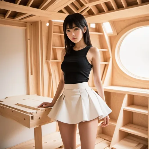 Prompt: Sean Loughrey, Ichigo Takano, Surreal, mysterious, strange, fantastical, fantasy, Sci-fi, Japanese anime, DIY wooden spaceship under construction, beautiful carpenter in miniskirt, perfect voluminous body, detailed masterpiece 