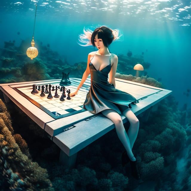 Prompt: Jin Goto, Arthur Rackham, Surreal, mysterious, strange, fantastical, fantasy, Sci-fi, Japanese anime, Fibonacci sequence on a chessboard, Skytree in the deep sea, beautiful blonde miniskirt girl Alice, perfect voluminous body, detailed masterpiece perspectives bird’s eye views