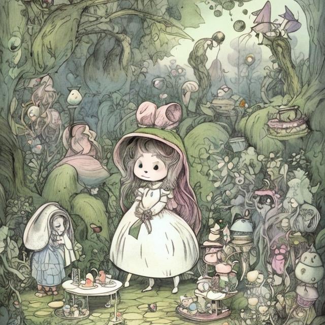 Prompt: Kate Greenaway, Tove Jansson, Heikala, Alice in wonderland, mad Tea party, detailed, high resolution, high definition, high quality, masterpiece 
