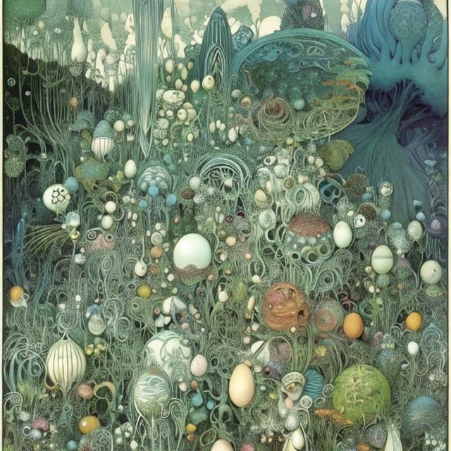 Prompt: Kay Nielsen, Elsa Beskow, Anime　surreal　wondrous　strange　Whimsical　absurderes　fanciful　Sci-Fi Fantasy　A beautiful girl, Rolling eggs　Ore Radio　Immortal birds　monorail