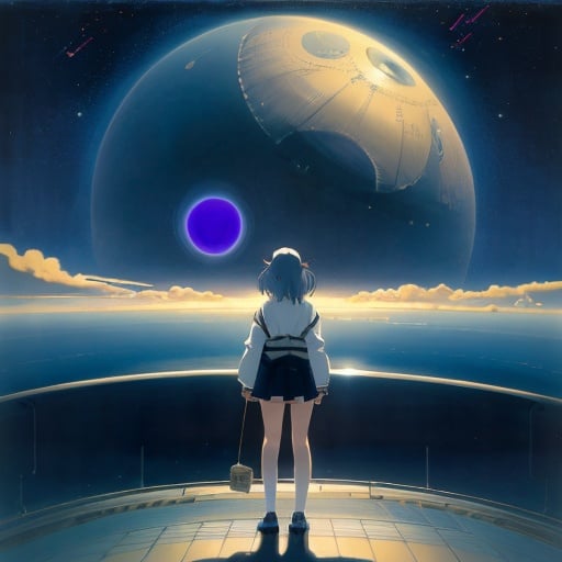 Prompt: Ema Tōyama, Rafal Olbinski, Surreal, mysterious, strange, fantastical, fantasy, Sci-fi, Japanese anime, horizon of image, idea and development of perspective drawing, line drawing, miniskirt beautiful girl of blueprint, detailed masterpiece 