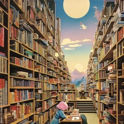 Prompt: 
Maurice Sendak, Charles Folkard, Japanese Anime Surreal Mysterious Weird Fantastic Sci-fi Fantasy Fantasy, Used Bookstore, A girl organizing a high bookshelf on a stand,  A beckoning cat, books, bonsai floating in the air, around the girl, hyperdetailed high resolution high definition high quality masterpiece 