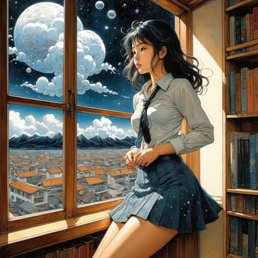 Prompt: Keiko Takemiya, Jean Charlot, Victor-Armand Poirson, Alexandre Alexeieff full colours, Katsuya Terada, Surrealism, Mysterious, Weird, Outlandish, Fantasy, Sci-fi, Japanese Anime, Outside the window is a cold stardust storm, your body is in a warm library, your heart is in a book, a beautiful high school girl in a miniskirt