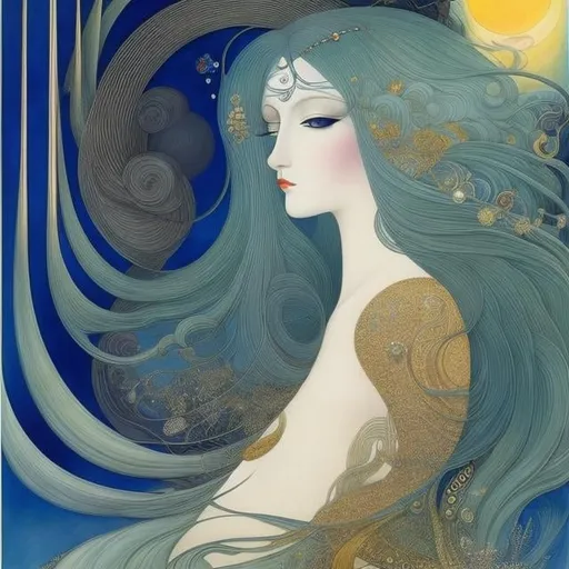 Prompt: Kay Nielsen, Joan Miró, Surreal, mysterious, strange, fantastical, fantasy, Sci-fi, Japanese anime, miniskirt beautiful girl putting a full moon in her trunk, perfect voluminous body, detailed masterpiece 