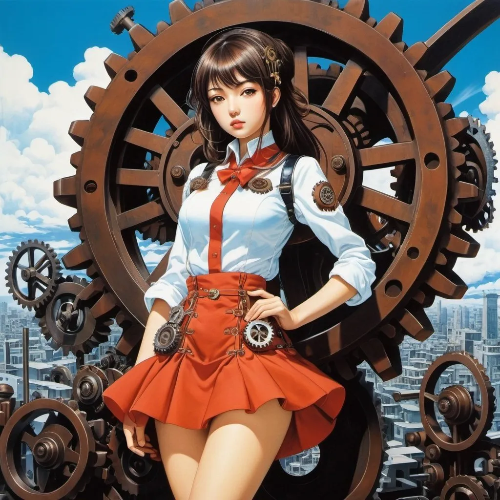 Prompt: Kuniyoshi Uetake, Julia Gukova, Surreal, mysterious, strange, Japanese anime, symbols of urban design and machinery, gears, mechanical parts, miniskirt beautiful modern girl, perfect voluminous body, detailed masterpiece 