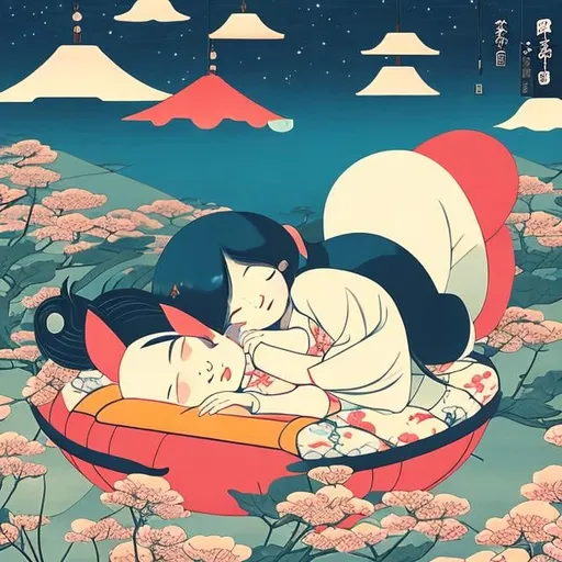 Prompt: Andy Catling, Tomie dePaola, Ukiyo-e style Japanese anime mysterious strange bizarre surreal sci-fi fantasy library floating bed sleeping girl moo, hyper high resolution high definition high quality masterpiece