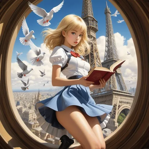 Prompt: Dean Morrissey, Shigeru Hatsuyama, Surreal, mysterious, strange, fantastical, fantasy, Sci-fi, Japanese anime, high tower in the pages of a book, pigeons flying, beautiful blonde miniskirt girl Alice, perfect voluminous body, magnifying glass, detailed masterpiece wide angles zoom in 