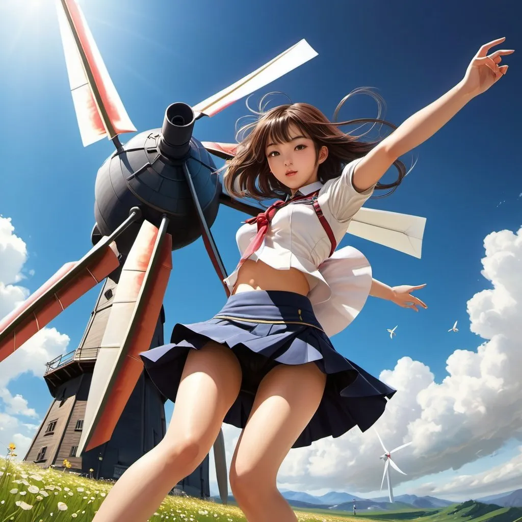 Prompt: Dongho KIM, Akseli Gallen-Kallela, Surreal, mysterious, strange, fantastical, fantasy, Sci-fi, Japanese anime, windmill, miniskirt beautiful high school girl, perfect voluminous body, dynamic action poses, spaceship, detailed masterpiece 