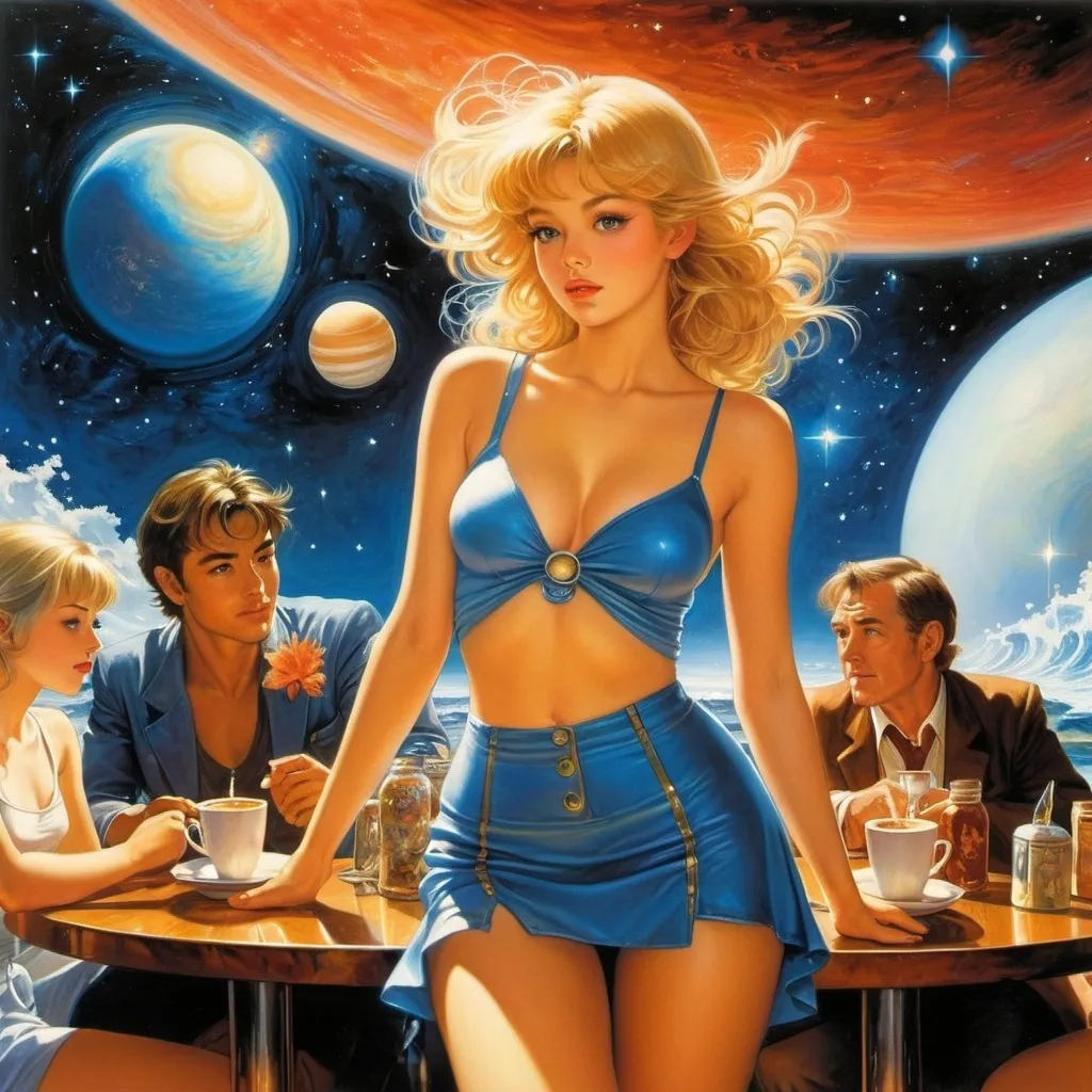 Prompt: Nico Jungmann, Donovan Bixley, Harold Gaze, Jeff Easley, Mabel Attwell, Surrealism, wonder, strange, bizarre, fantasy, Sci-fi, Japanese anime, cafe visited by planets, miniskirt beautiful girl goddess, perfect voluminous body, between night and day, bottled universe, waves of stars, detailed masterpiece 