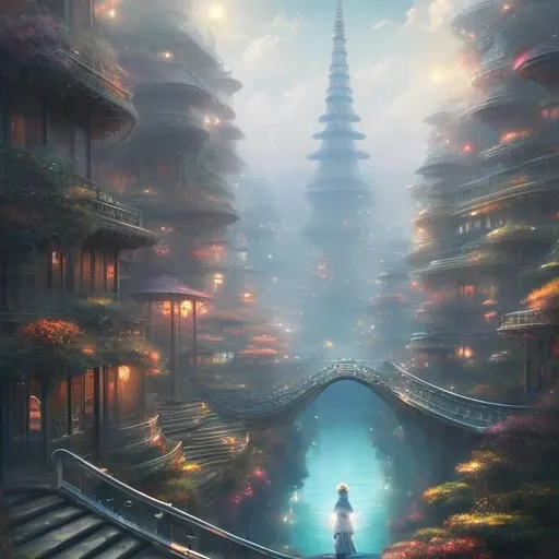 Prompt: Margaret Tarrant, Kate Greenaway, Charles Robinson, Hayao Miyazaki, Japanese Anime, Surreal Mysterious Weird Fantastic Sci-fi Fantasy Alternative World Tokyo Scenery, Ammonite Stairs, Aerial Cloud Train, Monkfish Taxi, Conch Building, beautiful Miniskirt Girl Walking, hyperdetailed high resolution high definition high quality masterpiece, detailed face
