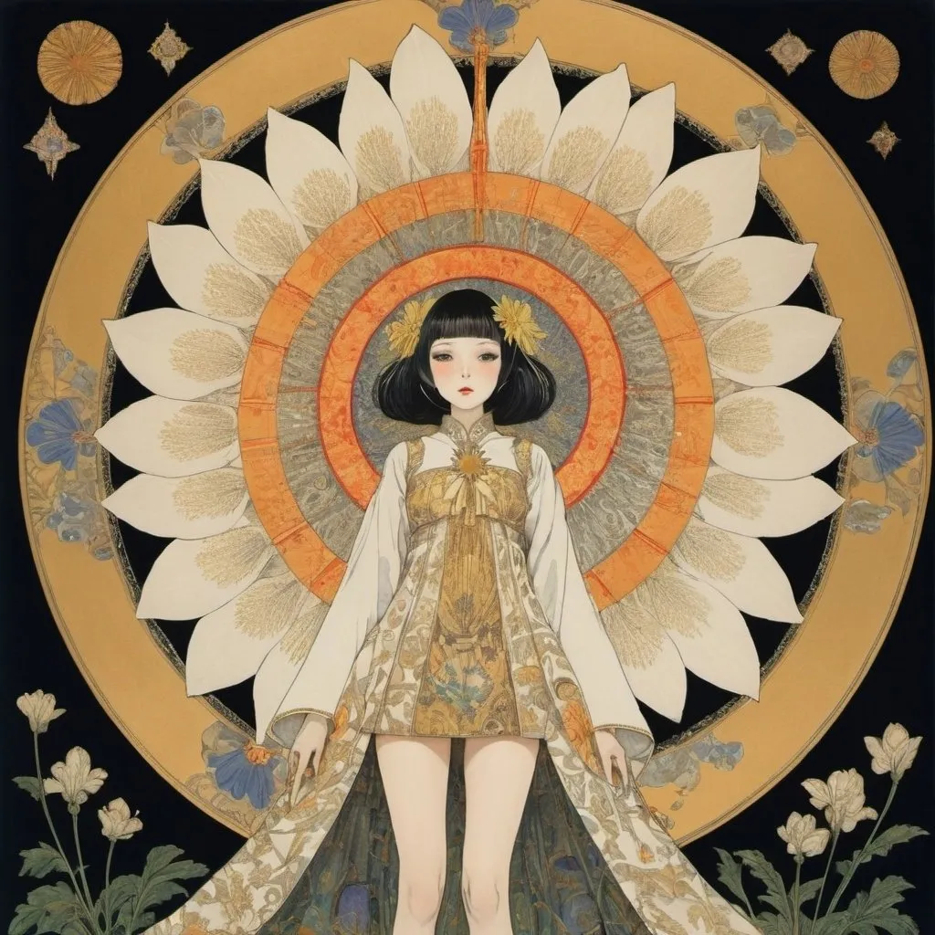 Prompt: Harry Clarke, Kaare Espolin Johnson, Yumiko Igarashi, Shigeru Komatsuzaki, Gerda Wegener, Surrealism, wonder, strange, fantastical, fantasy, Sci-fi, Japanese anime, geometric poetry, iris flower, fiery gold flower of the Vatican, ear-shaped Tennan star, a botanical garden that nurtures beautiful high school girl in miniskirt, perfect voluminous body, detailed masterpiece low high angles poses perspectives 