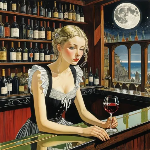 Prompt: Carel Weight, Eric Taylor, Thomas Henry, Kay Nielsen, Clifford Webb full colours, Surrealism Mysterious Weird Fantastic Fantasy Sci-fi, Japanese Anime, Moon sinking to the bottom of a wine glass, Bar counter, Beautiful miniskirt girl bartender, perfect voluminous body, detailed masterpiece 