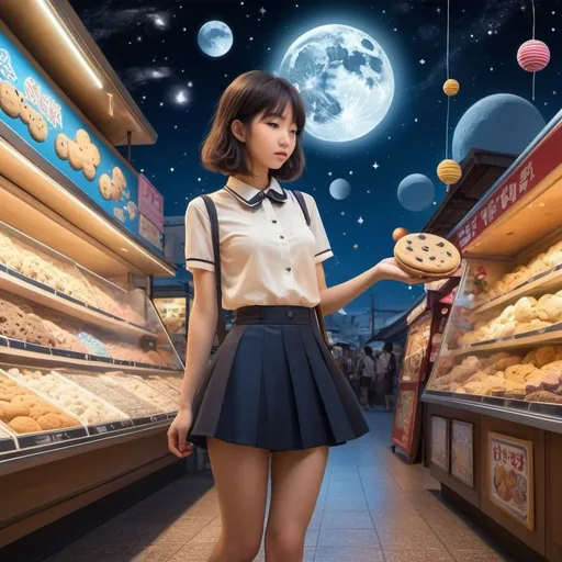 Prompt: Hiroki Kanno, Naoyuki Kato, Eliška Konopiská, František Muzika, Surrealism, wonder, bizarre, bizarre, fantasy, Sci-fi, Japanese,  anime, celestial bodies and machines, tranquility, broom stars roaming around, a candy store selling cookies made from baked pieces of the moon, a fun night world, a beautiful girl in a miniskirt, perfect voluminous body, detailed masterpiece 