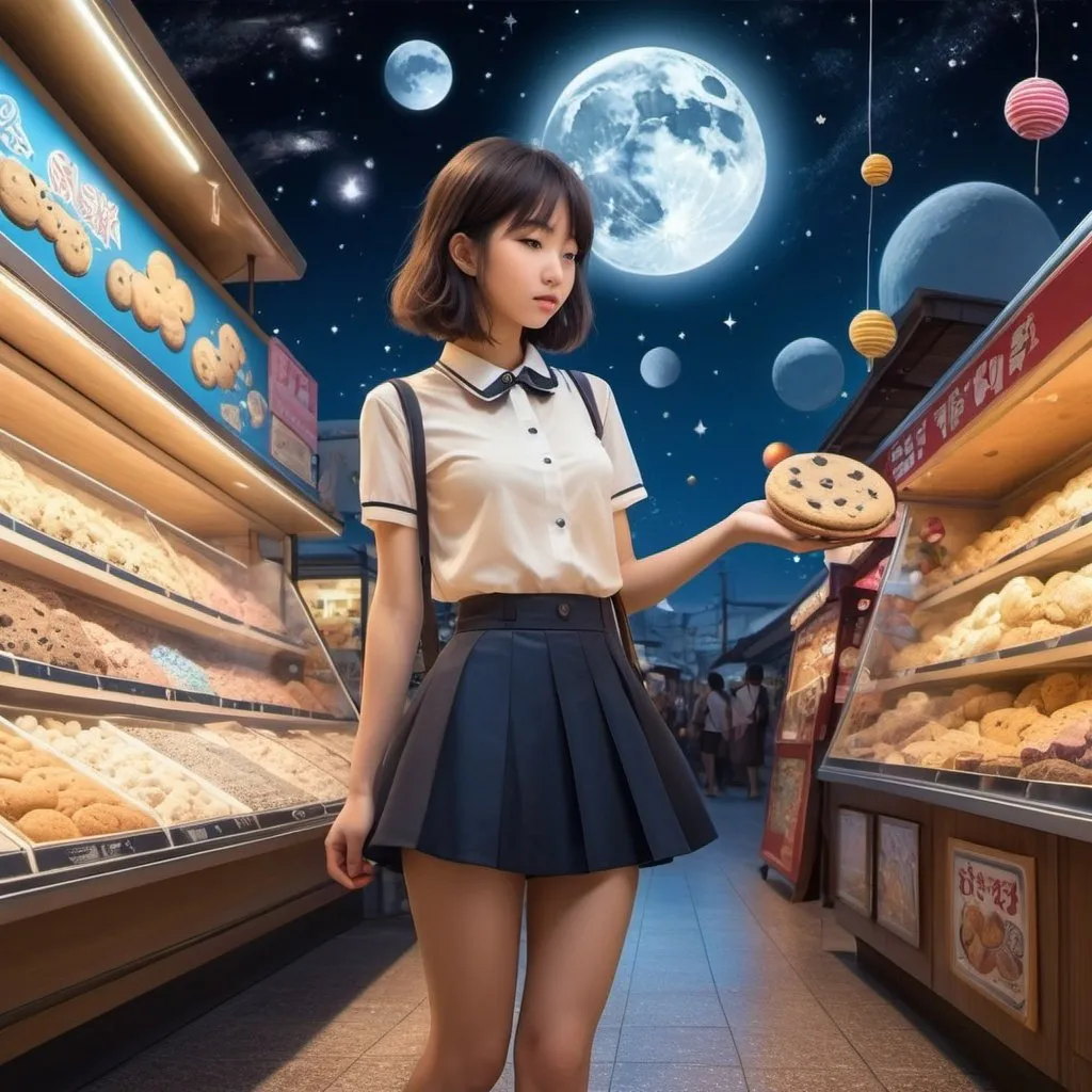 Prompt: Hiroki Kanno, Naoyuki Kato, Eliška Konopiská, František Muzika, Surrealism, wonder, bizarre, bizarre, fantasy, Sci-fi, Japanese,  anime, celestial bodies and machines, tranquility, broom stars roaming around, a candy store selling cookies made from baked pieces of the moon, a fun night world, a beautiful girl in a miniskirt, perfect voluminous body, detailed masterpiece 