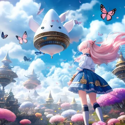 Prompt: Anne Anderson, Mokona, Surreal, mysterious, strange, fantastical, fantasy, Sci-fi, Japanese anime, airship being towed by a swarm of butterflies, walking castle, distant mountains, beautiful blonde miniskirt girl Alice, perfect voluminous body, detailed masterpiece 
