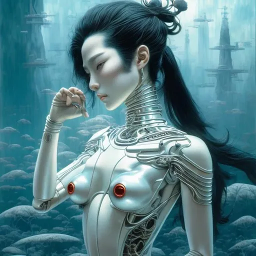 Prompt: Hajime Sorayama, Yoshitaka Amano, Surreal, mysterious, strange, fantastical, fantasy, Sci-fi, Japanese anime, small boat crossing the glass sea, glass architectural blueprints, the other side of the glass, shadow-stepping miniskirt beautiful girl, detailed masterpiece depth of field cinematic lighting 