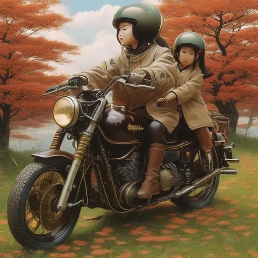 Prompt: Katsuhiro Otomo, Surreal, mysterious, strange, fantastical, fantasy, Sci-fi, Japanese anime, apple of the golden sun, signs of autumn, sister riding a motorcycle, detailed masterpiece 