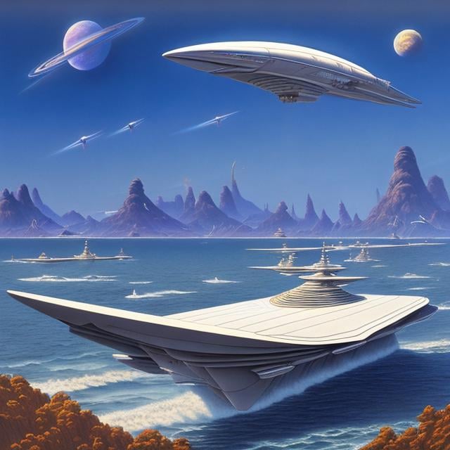 Prompt: Jean Giraud, Rodney Matthews, Surreal, mysterious, strange, fantastical, fantasy, Sci-fi fantasy, anime, paper spaceship, beautiful cyborg, miniskirt high school girl, perfect body, Tokyo Bay ocean, planets sinking to the ocean floor