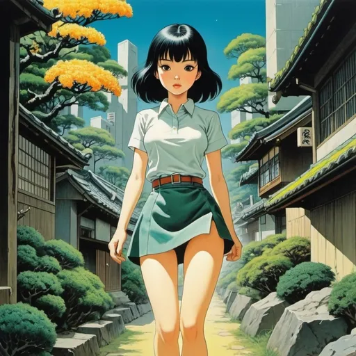 Prompt: Taiyō Matsumoto, Reg Bunn Full colours, Howard Arkley, Chiho Saito, Hannes Bok, Surrealism Mysterious Weird Fantastic Fantasy Sci-fi, Japanese Anime, Toolbox of Life, Osmanthus Walking, Miniskirt Beautiful Girl Playing in the Earth, perfect voluminous body, detailed masterpiece 