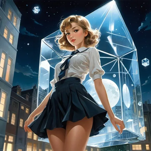 Prompt: Thomas Crane, Gabriella Giandelli, Gerda Wegener, Johan Thorn Prikker, yasunari ikeda, Surrealism, wonder, strange, bizarre, fantasy, Sci-fi, Japanese anime, night city where glass cubes fall, reflection, transmission, dispersion, refraction of crescent moonlight, miniskirt beautiful high school girl opens the glass cube, perfect voluminous body, detailed masterpiece 