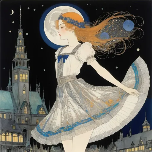 Prompt: Harry Clarke, Elsa Beskow, Lev Kaplan, Surrealism Mysterious Weird Fantastic Fantasy Sci-Fi, Japanese Anime, Canned Crescent Moon Moonlight Waltz, City Sinking in Darkness, Miniskirt Beautiful High School Girl, perfect voluminous body, detailed masterpiece 