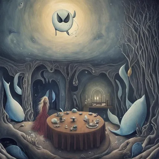 Prompt: Leonora Carrington,  Mabel Lucie Attwell, moon sleeping in basement, a girl wondering looking for her fate, whale beach, orb, detailed, high quality, high resolution, high definition, masterpiece 