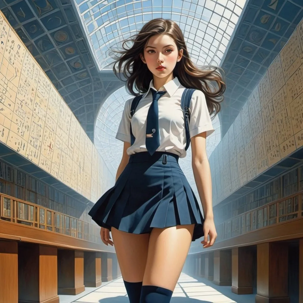 Prompt: Pierre Brissaud, Alexander Sharpe Ross, Hilary Knight, surrealism, strange, fantastical, fantasy, Sci-fi, Japanese anime, Weyl's axiomatic system, Gödel's completeness theorem, miniskirt beautiful high school girl strolling through geometry, perfect voluminous body, symbolism of numbers, detailed masterpiece 