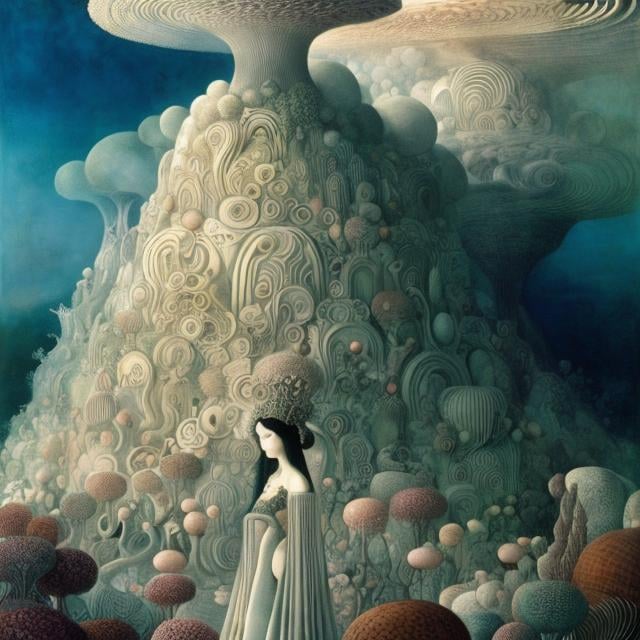 Prompt: Kay Nielsen, Agostino Arrivabene, Surreal, mysterious, strange, fantastical, fantasy, Japanese fantasy, anime, the underground world of Babel, spiralling beautiful girl in a miniskirt, detailed masterpiece low angles up and down views