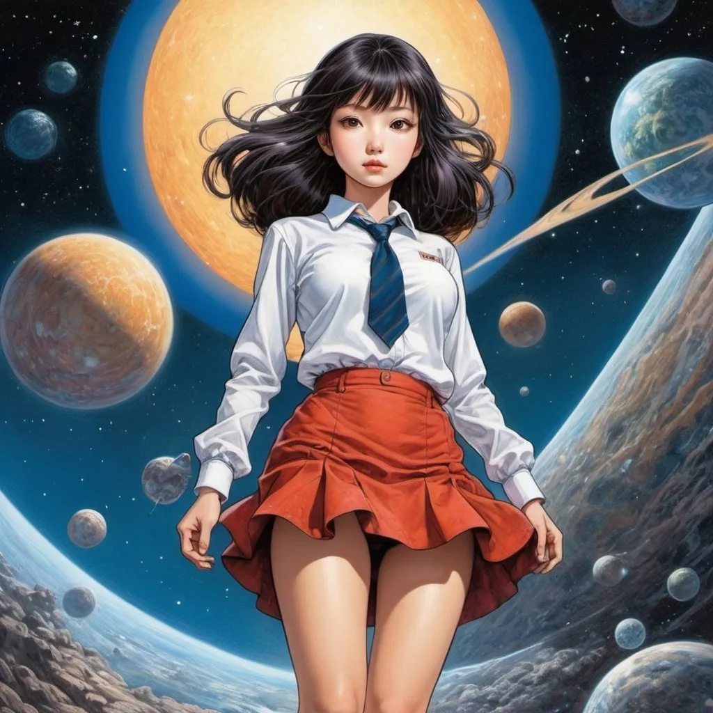 Prompt: Frank Pape full colours, Takako Shimura, Surreal, mysterious, bizarre, fantastical, fantasy, Sci-fi, Japanese anime, How to walk in a world without gods. How did humans come to be? How do the stars travel around the night sky? The horizon of science spreading to the distant universe A beautiful girl scientist in a miniskirt, perfect voluminous body, detailed masterpiece 