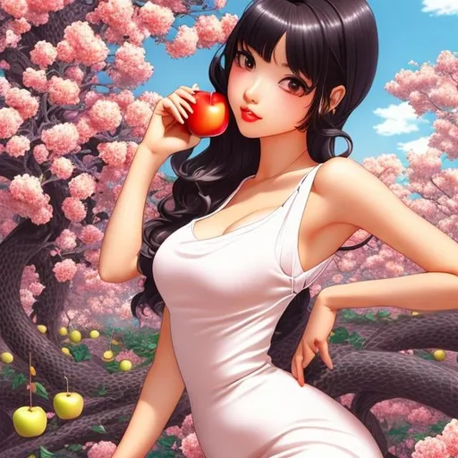 Prompt: Sydney Sime, Japanese anime, Katsuhiro Otomo, manga lines, Eve, solo girl, beautiful face, perfect body tight dress, under apple Tree, holding an apple, huge snake, hyperdetailed, realistic, high resolution, high quality, high definition, masterpiece 