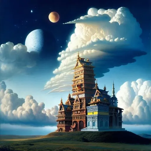 Prompt: John Austen, Vilhelm Bjerke-Petersen, Surreal, mysterious, bizarre, fantastical, fantasy, sci-fi, Japanese anime, a gigantic tower of building blocks, piercing the clouds that can reach the moon, small flying boats flying around in the air, a beautiful girl in a miniskirt looking up from the ground, derailed masterpiece 