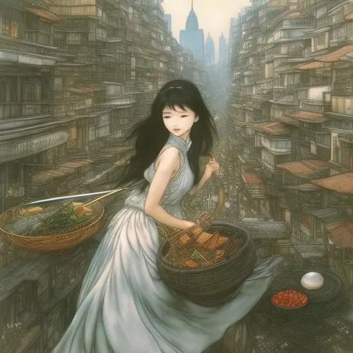 Prompt: Arthur Rackham, Shigeru Tamura, Surreal, mysterious, bizarre, fantastical, fantasy, Sci-fi, Japanese anime, sightseeing trip to Vietnam, beautiful high school girl in a miniskirt looking happy eating large Vietnamese noodles, perfect voluminous body, Hanoi cityscape, detailed masterpiece 