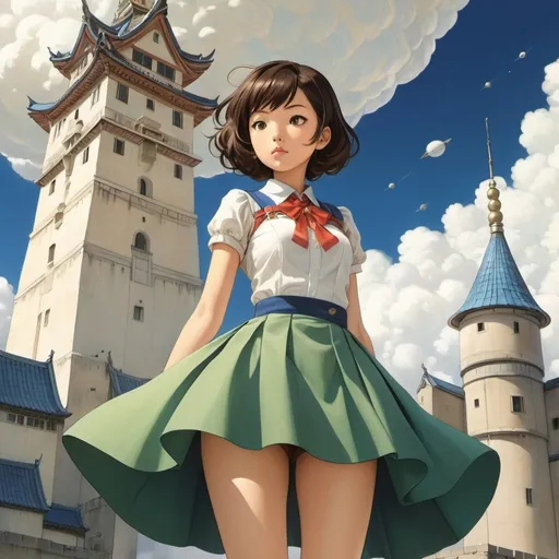 Prompt: Chie Shinohara, Fiona Staples, Surreal, mysterious, strange, fantastical, fantasy, Sci-fi, Japanese anime, cumulonimbus castle, miniskirt princess, perfect voluminous body, kingdom of telescopes, detailed masterpiece 