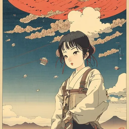 Prompt: Ukiyo-E Katsuhiro Otomo style, Japanese high school girl, short dark hair, looking up sky above, spacecraft in the sky, blue sky with clouds. manga lines, cowboy shot