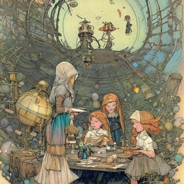 Prompt: Kate Greenaway, Jessie Willcox Smith, E. H. Shepard, animesque　wondrous　strange　Whimsical　Sci-Fi Fantasy　Microcosm in the attic　Microcosmos　Miniskirt schoolgirl　picnic　Closed space　amorous