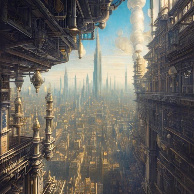 Prompt: Tintoretto, Alan Lee, Charles Robinson, Japanese Anime Mysterious Bizarre Fantastic Surreal Fantasy Sci-Fi Fantasy Urban Creation, Girl Alice standing on top and edge of the building looking down, bird’s eye view, Vertical City Architecture on Paper Blueprint Perspective Cross Section Sphere Steam Locomotive Running in the Air, hyperdetailed high resolution high definition high quality masterpiece