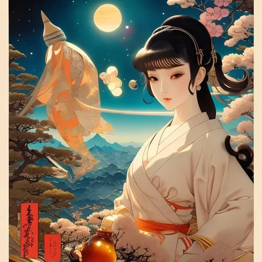 Prompt: Ukiyo-E style, manga lines, Lola Anglada, Craig Mullins, Paul Alexander, Japanese Anime Mysterious Weird Fantastic Surreal Fantasy Sci-Fi Fantasy Solar System in a Glass Bottle Girl Holding the Glass Bottle detailed, definition resolution, high quality masterpiece