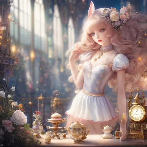 Prompt: AntonPieck, Gerda Wegener, Mabel Attwell, Surreal, mysterious, strange, fantastical, fantasy, Sci-fi, Japanese anime, miniskirt beautiful girl Alice, blonde, perfect voluminous body, mechanical rabbit tea party, gears of time and space, hyper detailed masterpiece, high resolution definition quality, depth of field, cinematic lighting 