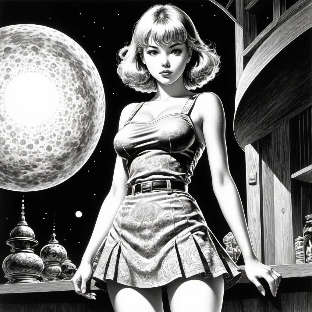 Prompt: Virgil Finlay, Ernst Kreidolf, Peter Lloyd, Katsuhiro Otomo, Elena Odriozola, Surrealism Mysterious Weird Fantastic Fantasy Sci-fi, Japanese Anime, Walk from the bedroom to the kitchen, Savannah, Midnight sun, Beautiful blonde miniskirt girl Alice, perfect voluminous body, detailed masterpiece 