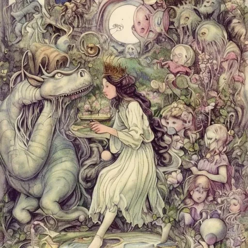 Prompt: Cicely Mary Barker, Anne Anderson, animesque　surreal　absurderes　wondrous　strange　Whimsical　Sci-Fi Fantasy　God and nature、And monsters　a beauty girl, Life and matter　The House of Mnemonics and Wisdom　Fictional races and monsters in the Renaissance