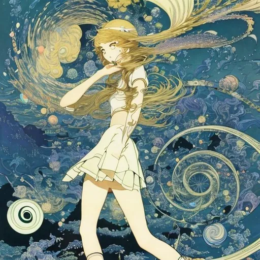 Prompt: Kay Nielsen, Kenji Tsuruta, Dugald Stewart Walker, Japanese anime　surreal　wondrous　strange　Whimsical　absurderes　fanciful　Sci-Fi Fantasy　Spiral Galaxy　‎Classroom　Miniskirt High School Girl Future Projection Projector.