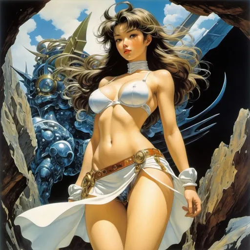 Prompt: Masamune Shirow, Dorothea Tanning, Surreal natural history, mysterious, strange, fantastical, fantasy, sci-fi, Japanese anime, scales and miniskirt maiden, perfect voluminous body, crystal, which way will it lean?, detailed Masterpiece 