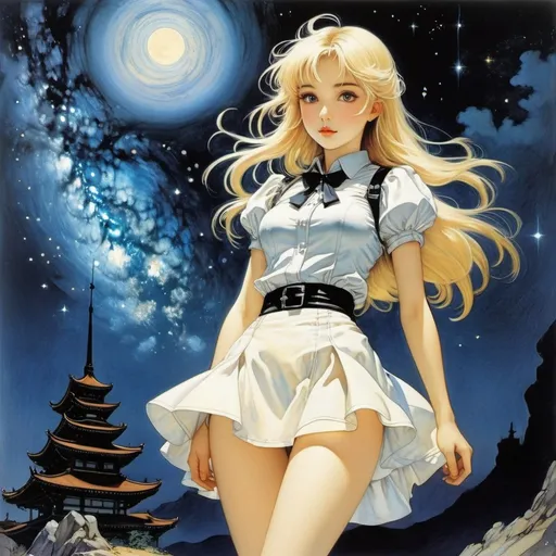 Prompt: Arthur Rackham, Valery Slauk, Anatoli Lvovich Kaplan, Samizu Matsuki, Boris Zaborov, Surrealism Mysterious Bizarre Fantastic Fantasy Sci-fi, Japanese Anime, Milky Way Drive on a Moonlit Night, Blonde Miniskirt Beautiful Girl Alice, perfect voluminous body, detailed masterpiece