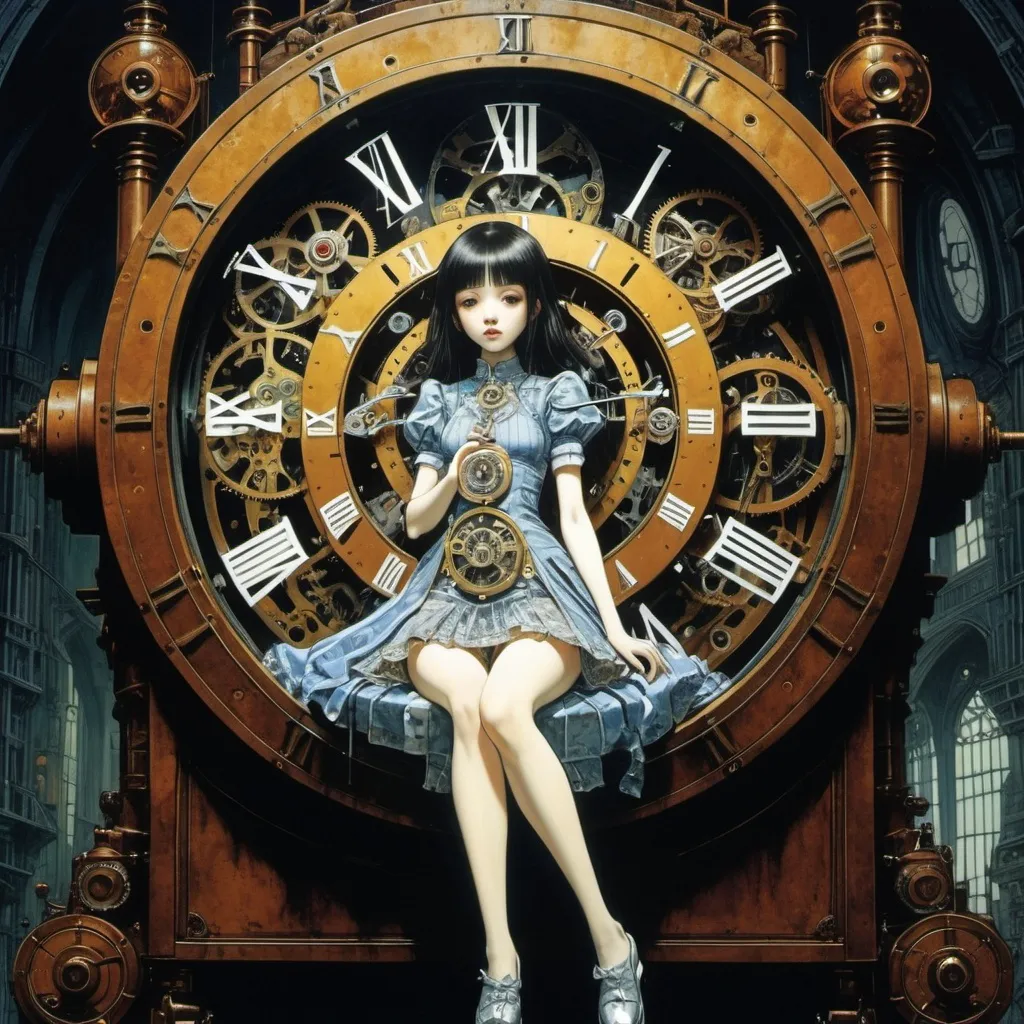 Prompt: Martijn van der Linden, Harry Clarke, Shigeru Tamura, Surrealism, Mysterious, Strange, Outlandish, Fantasy, Sci-Fi, Japanese Anime, A beautiful girl in a miniskirt is trapped inside a mechanical clock, perfect voluminous body, and a stroller clutches a silver key and discovers an ark in the amber light, detailed masterpiece 